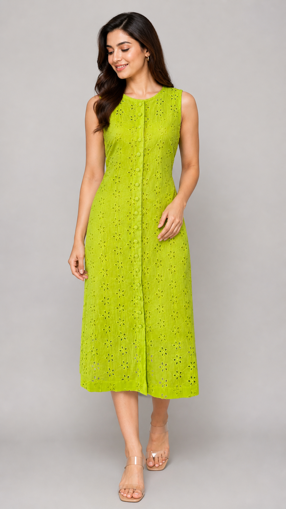 Lime Green Hakoba Embroidered Midi Dress