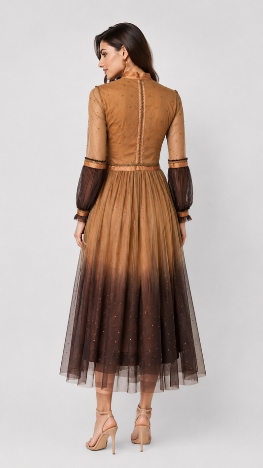 Mocha Ombre Net Midi Dress