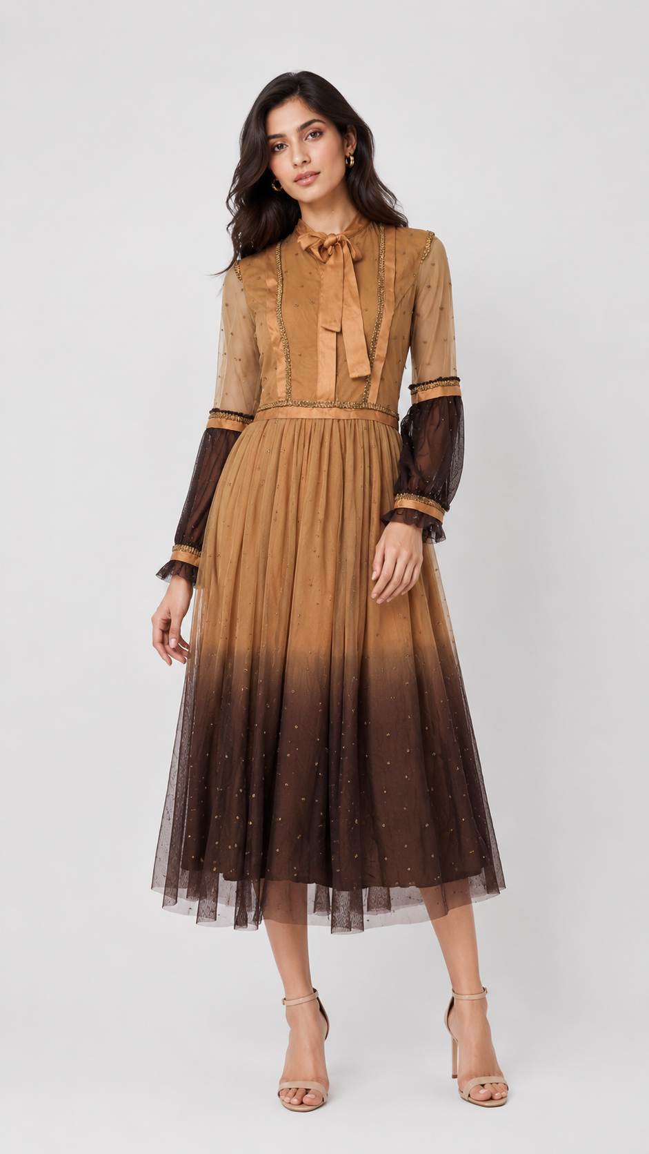 Mocha Ombre Net Midi Dress