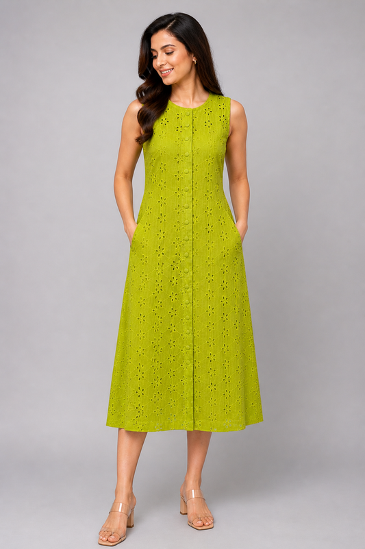 Lime Green Hakoba Embroidered Midi Dress